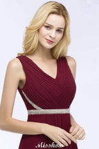 V-neck Ruffled Floor-Length Beading Bridesmaid Dresses A-line Chiffon with Sash