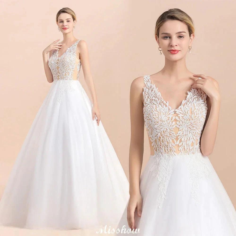 V-Neck See-through Lace Aline Wedding Dress Floor length Princess Bridal Gown