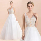 V-Neck See-through Lace Aline Wedding Dress Floor length Princess Bridal Gown