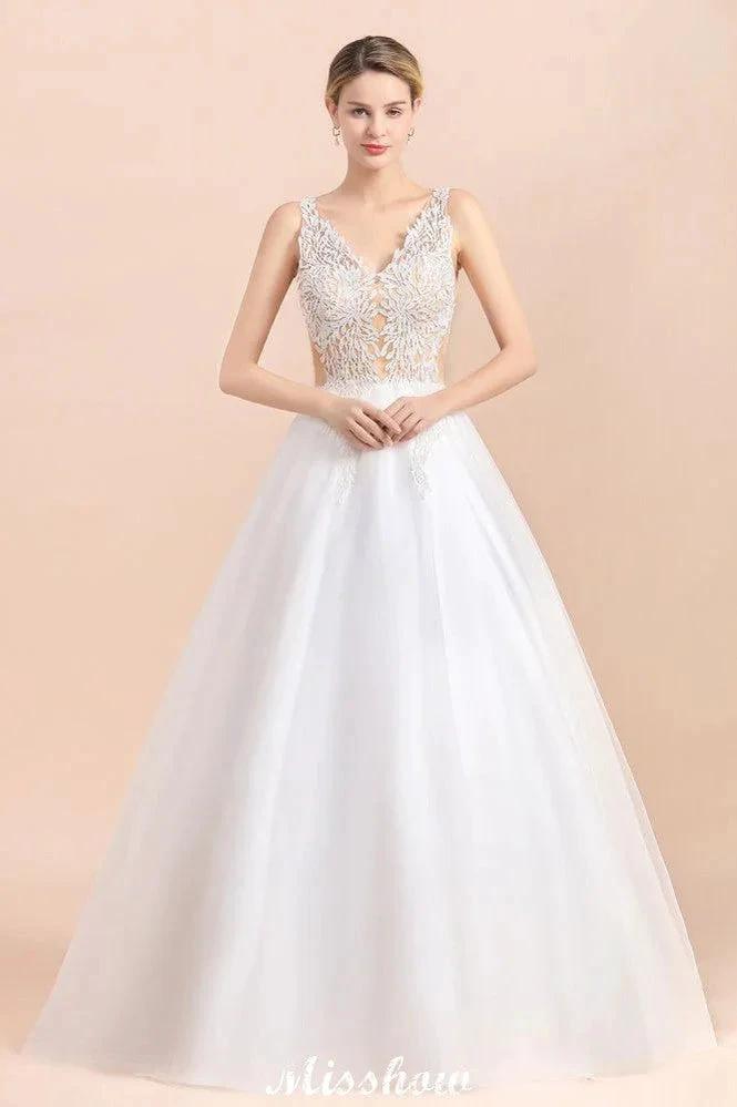 V-Neck See-through Lace Aline Wedding Dress Floor length Princess Bridal Gown