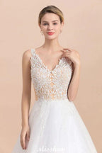 V-Neck See-through Lace Aline Wedding Dress Floor length Princess Bridal Gown