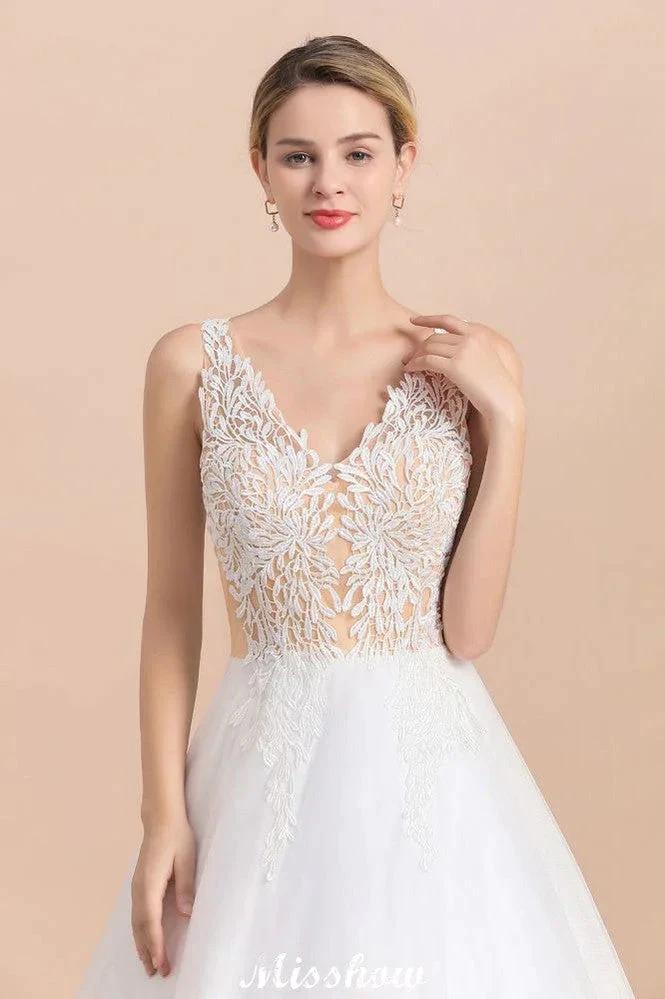 V-Neck See-through Lace Aline Wedding Dress Floor length Princess Bridal Gown