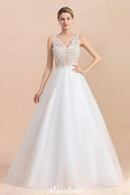 V-Neck See-through Lace Aline Wedding Dress Floor length Princess Bridal Gown