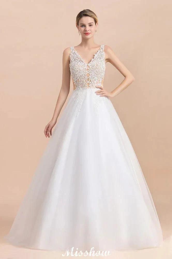 V-Neck See-through Lace Aline Wedding Dress Floor length Princess Bridal Gown