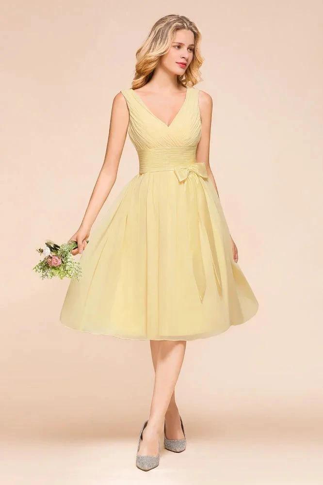 V-Neck Sleeveless A-line Mini Dress Ankle Length Bridesmaid Dress