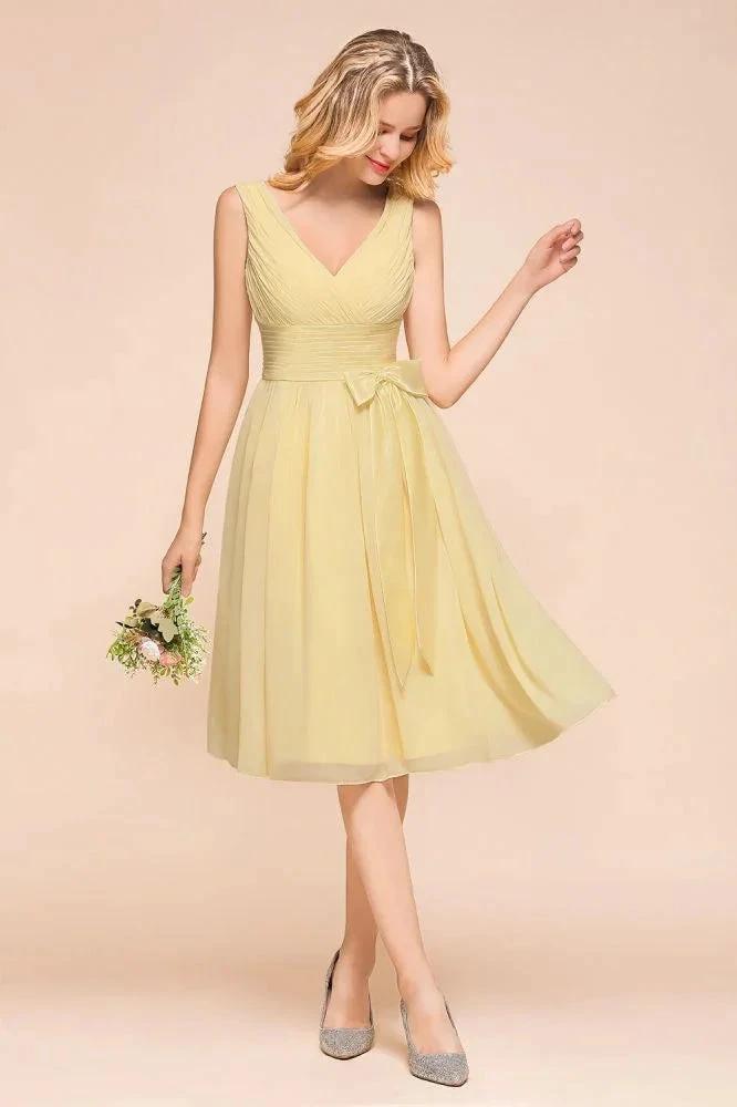 V-Neck Sleeveless A-line Mini Dress Ankle Length Bridesmaid Dress