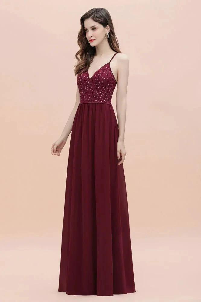 V-Neck Sleeveless Aline Evening Dress Sequins Bridesmaid Dress