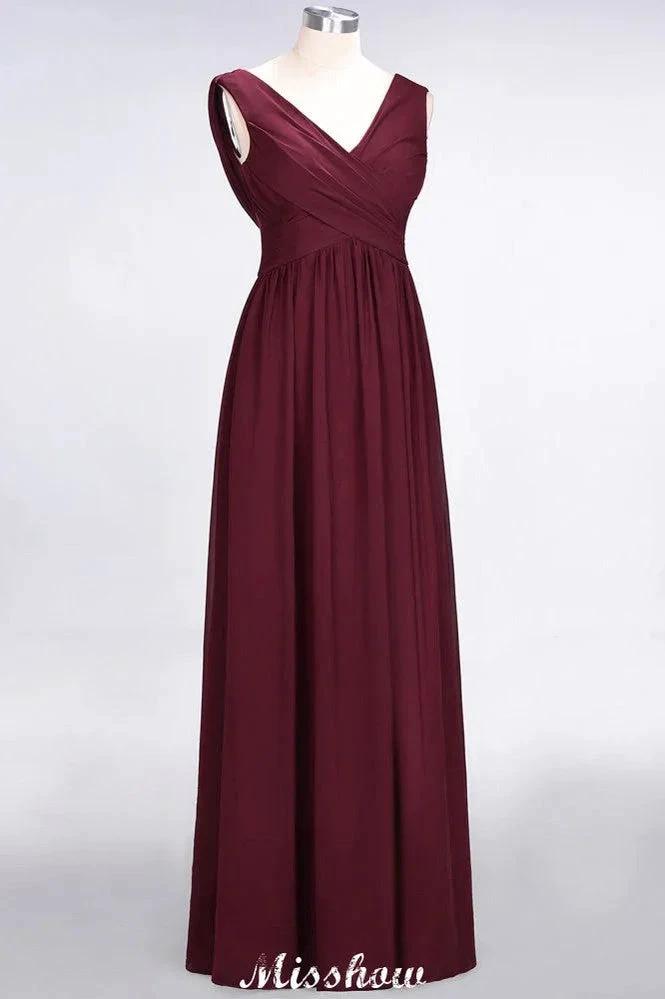 V-Neck Sleeveless Floor-Length Bridesmaid Dress Aline Ruffles Chiffon Party Gown