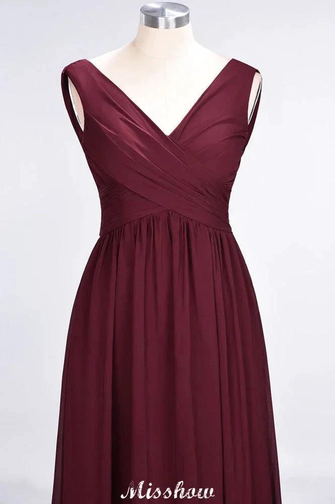 V-Neck Sleeveless Floor-Length Bridesmaid Dress Aline Ruffles Chiffon Party Gown