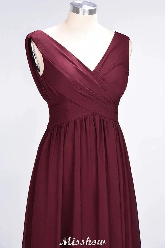 V-Neck Sleeveless Floor-Length Bridesmaid Dress Aline Ruffles Chiffon Party Gown