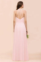 V-Neck Sleeveless Maxi Bridesmaid Dress Pink Chiffon Beach Wedding Dress
