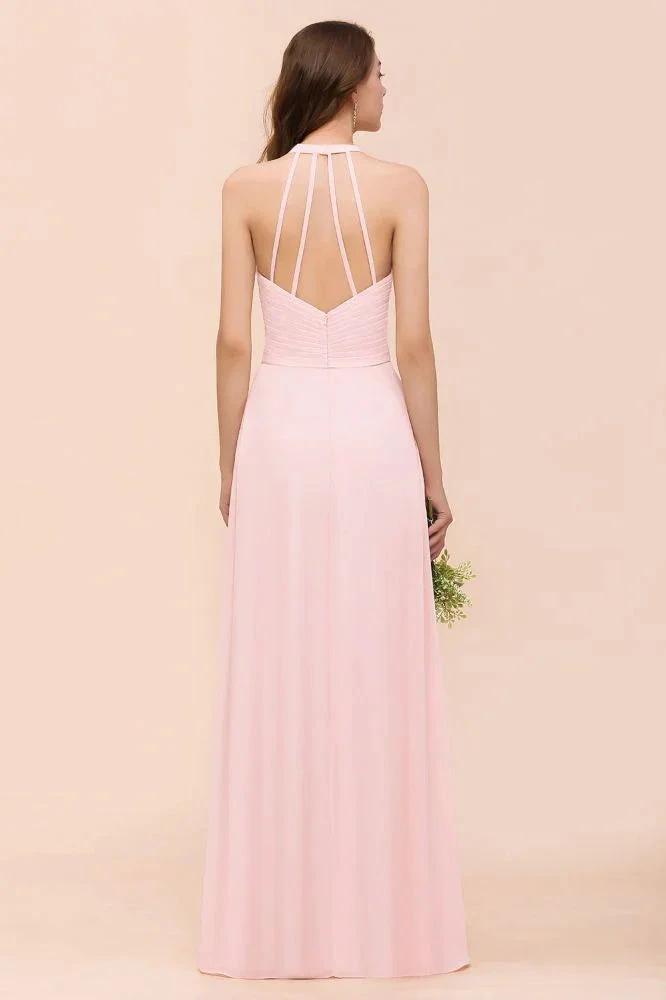 V-Neck Sleeveless Maxi Bridesmaid Dress Pink Chiffon Beach Wedding Dress