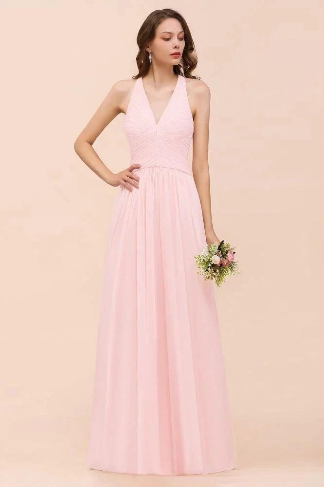 V-Neck Sleeveless Maxi Bridesmaid Dress Pink Chiffon Beach Wedding Dress