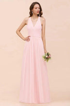 V-Neck Sleeveless Maxi Bridesmaid Dress Pink Chiffon Beach Wedding Dress