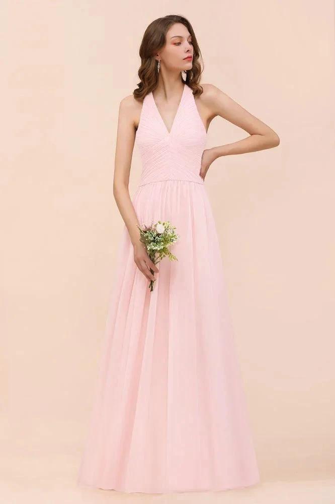 V-Neck Sleeveless Maxi Bridesmaid Dress Pink Chiffon Beach Wedding Dress