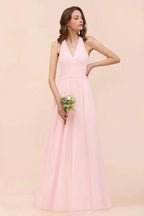 V-Neck Sleeveless Maxi Bridesmaid Dress Pink Chiffon Beach Wedding Dress