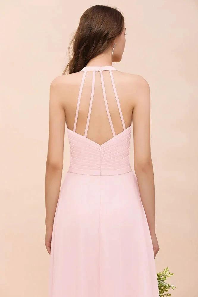V-Neck Sleeveless Maxi Bridesmaid Dress Pink Chiffon Beach Wedding Dress
