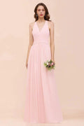 V-Neck Sleeveless Maxi Bridesmaid Dress Pink Chiffon Beach Wedding Dress