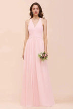 V-Neck Sleeveless Maxi Bridesmaid Dress Pink Chiffon Beach Wedding Dress