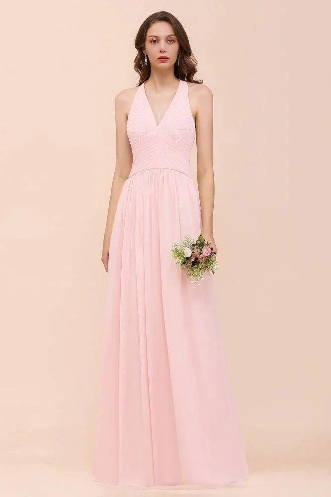 V-Neck Sleeveless Maxi Bridesmaid Dress Pink Chiffon Beach Wedding Dress