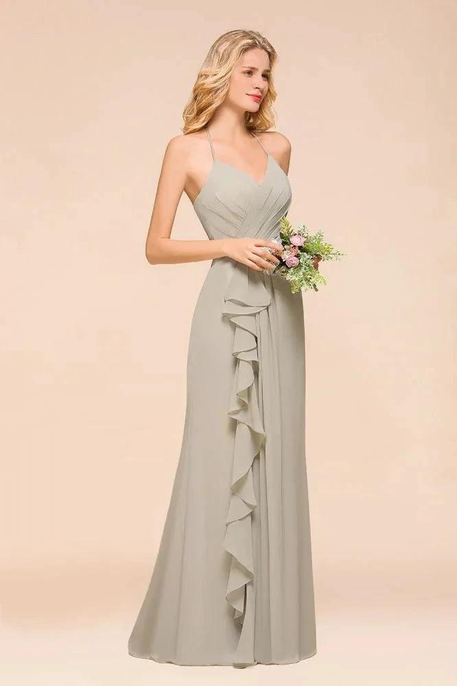V-Neck Spaghetti Floor Length Folds Bridesmaid Dress