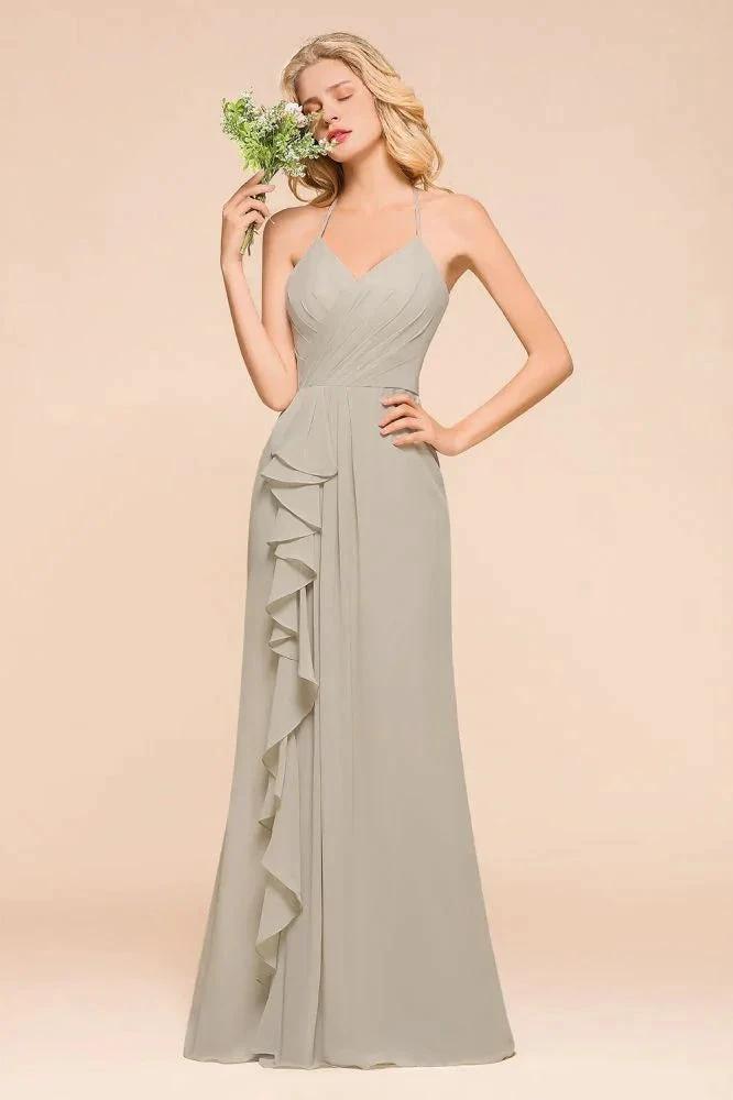 V-Neck Spaghetti Floor Length Folds Bridesmaid Dress