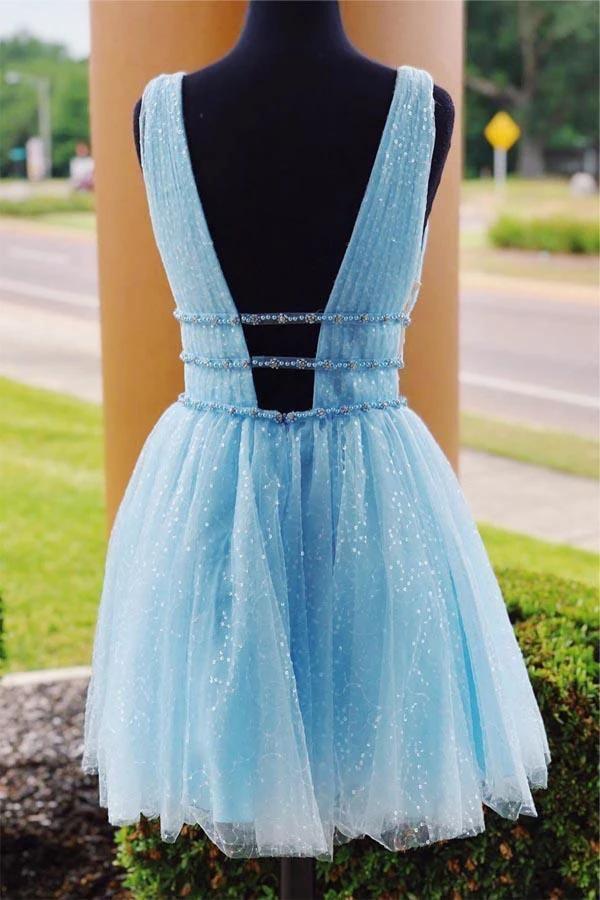 V-Neck Sparkling Beading Sky Blue Short Prom Dress Homecoming Dress PD316