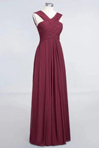 V-Neck Straps Sleeveless Floor-Length Bridesmaid Dress with Ruffles
