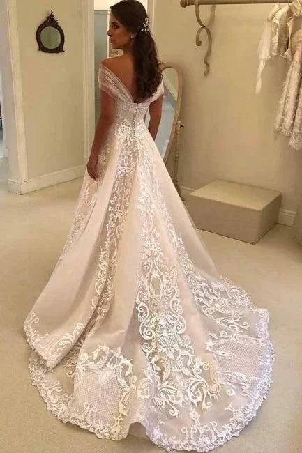 Vintage A-Line Off-the-shoulder Sweep Trian Wedding Dress With Lace