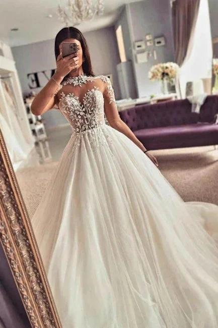 Vintage Jewel Long Sleeves Lace A-Line Tulle Wedding Dresses
