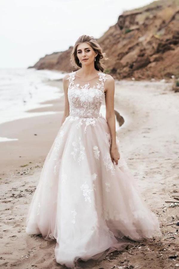 Vintage Lace Scoop Neckline A Line Tulle Wedding Bridal Dress WD531