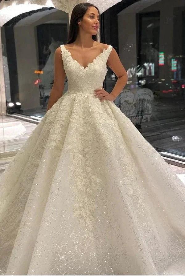 Vintage Long A-Line V-neck Appliques Lace Sequins Wedding Dress