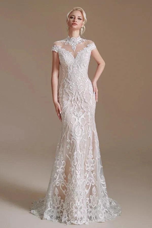 Vintage Long Mermaid High-neck Lace Wedding Dress with sleeves