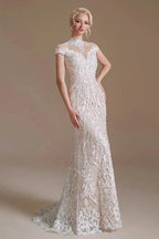 Vintage Long Mermaid High-neck Lace Wedding Dress with sleeves