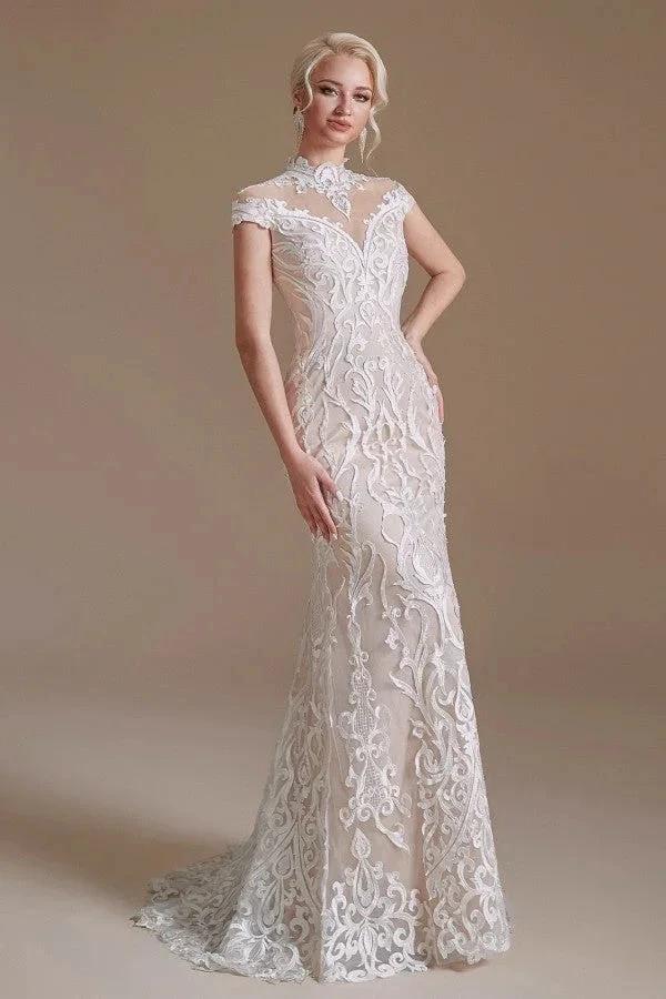 Vintage Long Mermaid High-neck Lace Wedding Dress with sleeves