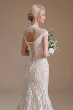 Vintage Long Mermaid High-neck Lace Wedding Dress with sleeves
