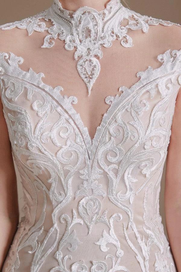 Vintage Long Mermaid High-neck Lace Wedding Dress with sleeves