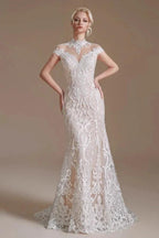 Vintage Long Mermaid High-neck Lace Wedding Dress with sleeves