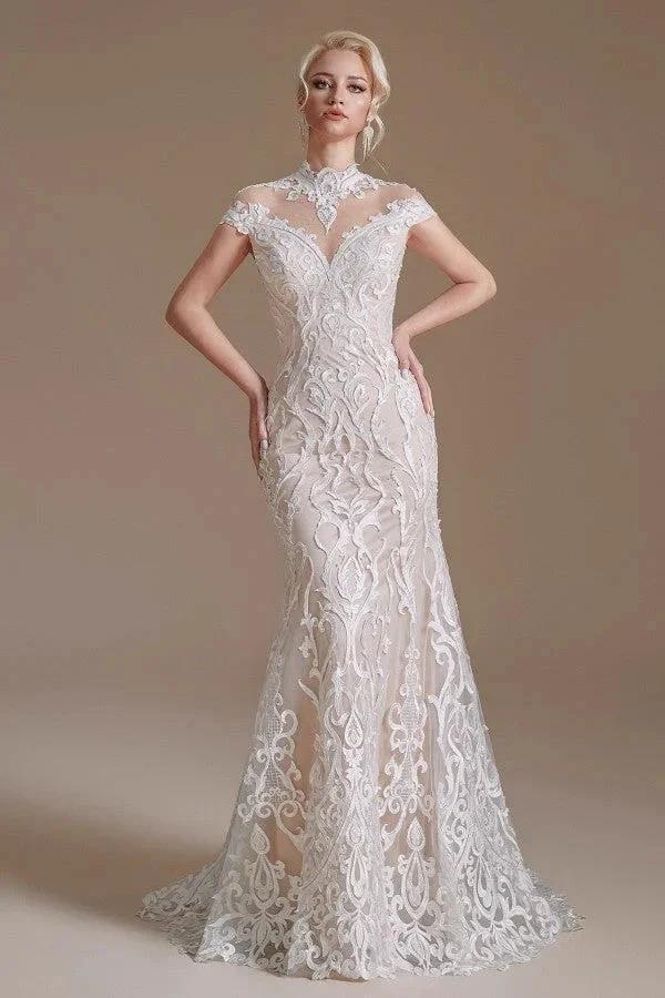 Vintage Long Mermaid High-neck Lace Wedding Dress with sleeves