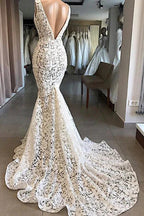 Vintage Long Mermaid V-neck Lace Backless Wedding Dresses