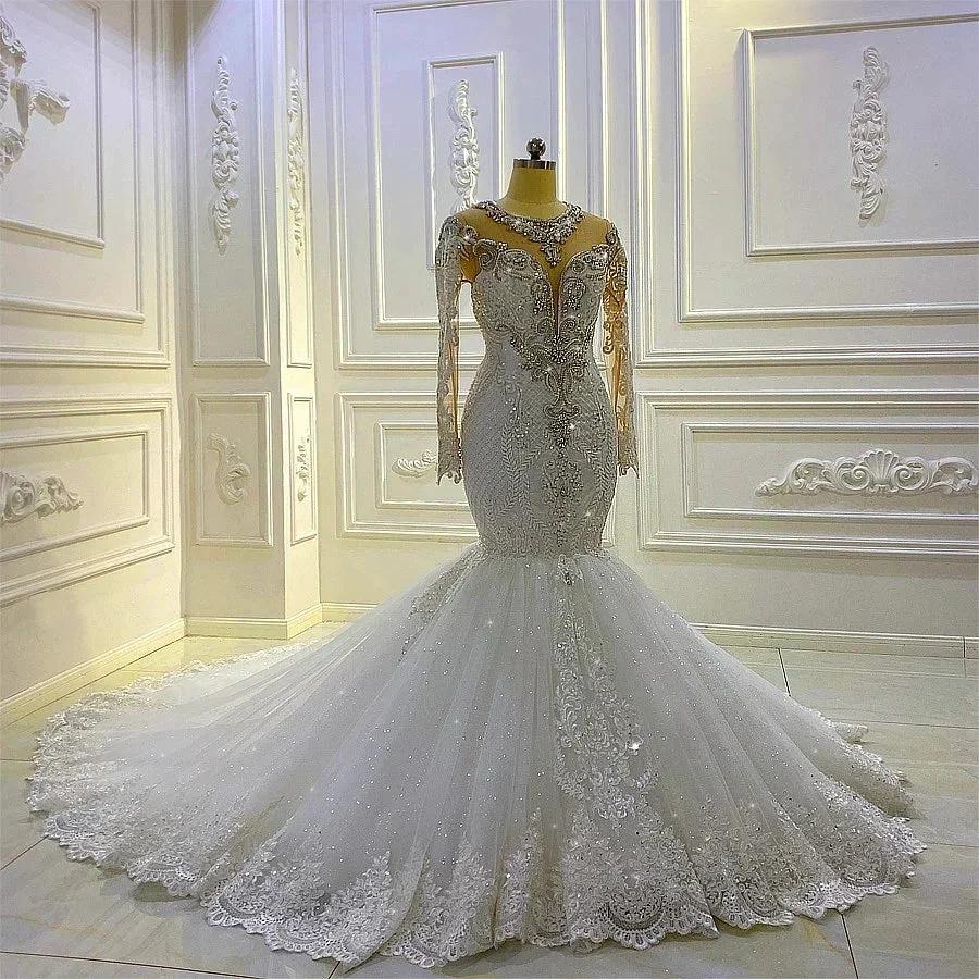 Vintage Long Sleeve Appliques Lace Beading Sequins Mermaid Wedding Dress