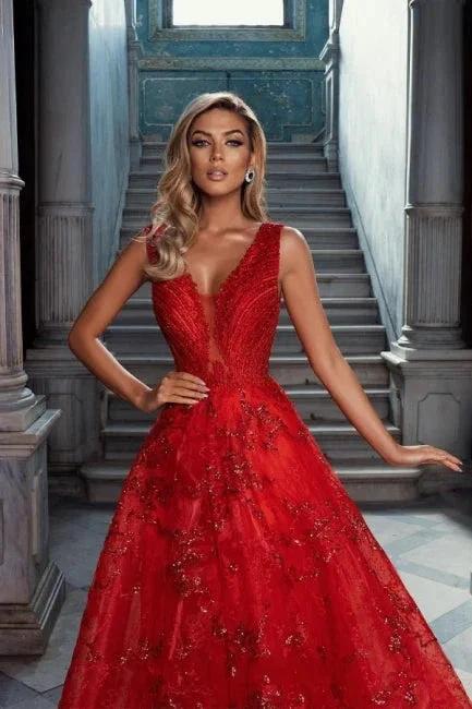 Vintage Red V-Neck Sleeveless A-Line Tulle Prom Dresses with Applique