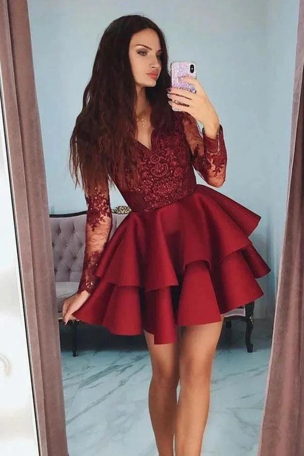 Vintage Short A-line V-neck Lace Satin Prom Dress With Sleeves