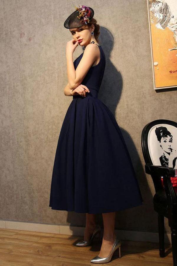 Vintage V Neck Navy Blue Satin Homecoming Dresses Party Dresses  PG183