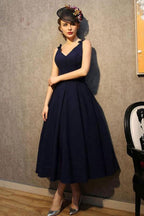 Vintage V Neck Navy Blue Satin Homecoming Dresses Party Dresses  PG183