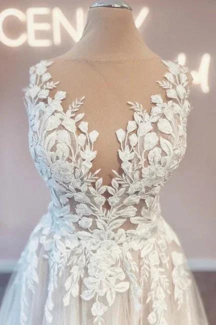 Vintage v-neck sleeveless a-line backless lace Wedding dresses