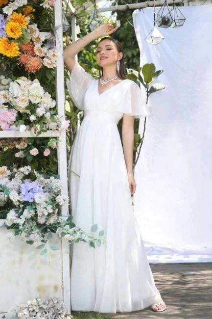 Vintage white V-Neck Short-Sleeves A-Line Floor-Length Tulle Prom Dresses