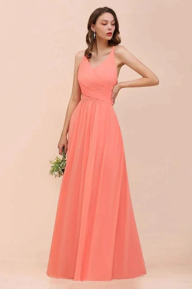 Watermelon Colorful Bridesmaid Maxi Dress Floor-Length V-Neck Maid of Honor Dress