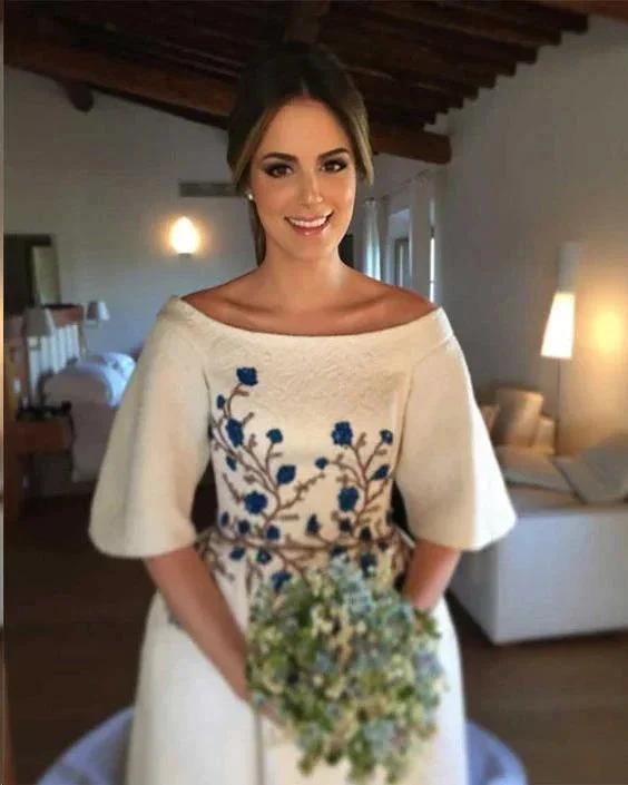 Wedding Dresses Bateau Embroidery Romantic Half Sleeve Bridal Gown  WD483