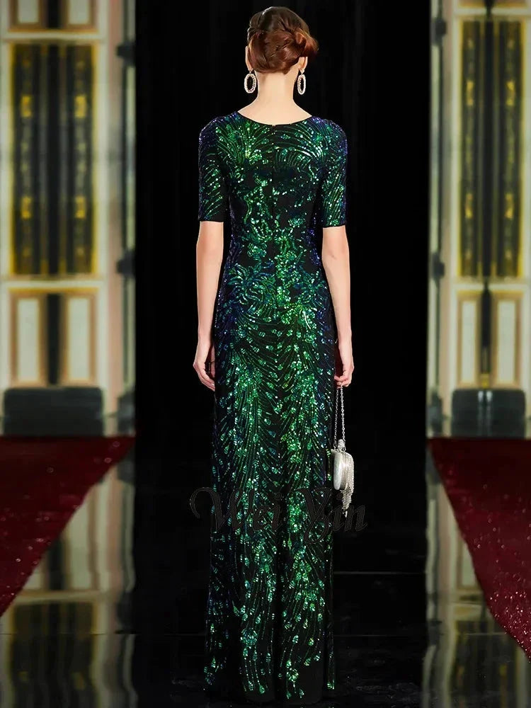 Sparkle Sexy Mermaid Evening Dresses Long Sequined O-Neck Green Evening Gowns For Party Vestidos Largos Fiesta